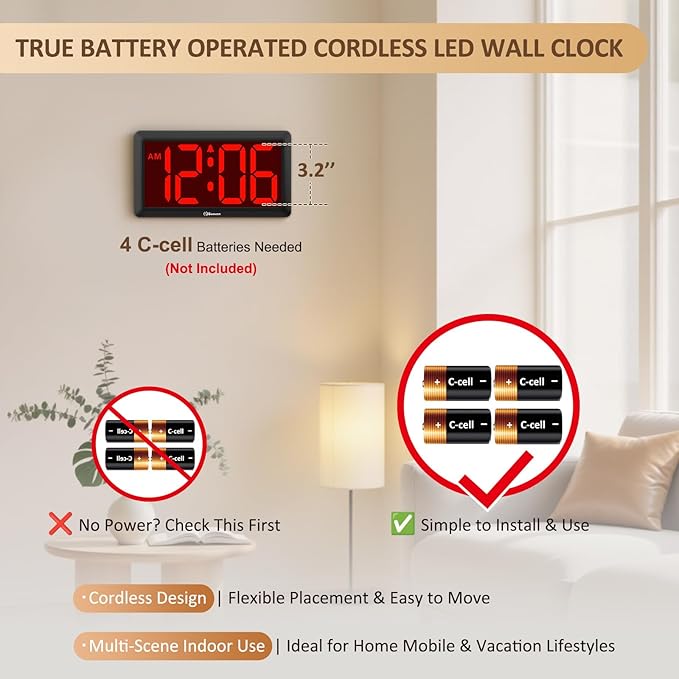 Soobest 9.5 Inch Large Digital Wall Clock Battery Operated, Auto & Manual Dimmer Display, Easy to Read Big Digits with Alarm for Seniors, Modern Decor for Living Room, Bedroom, Office (3.2" Numbers)