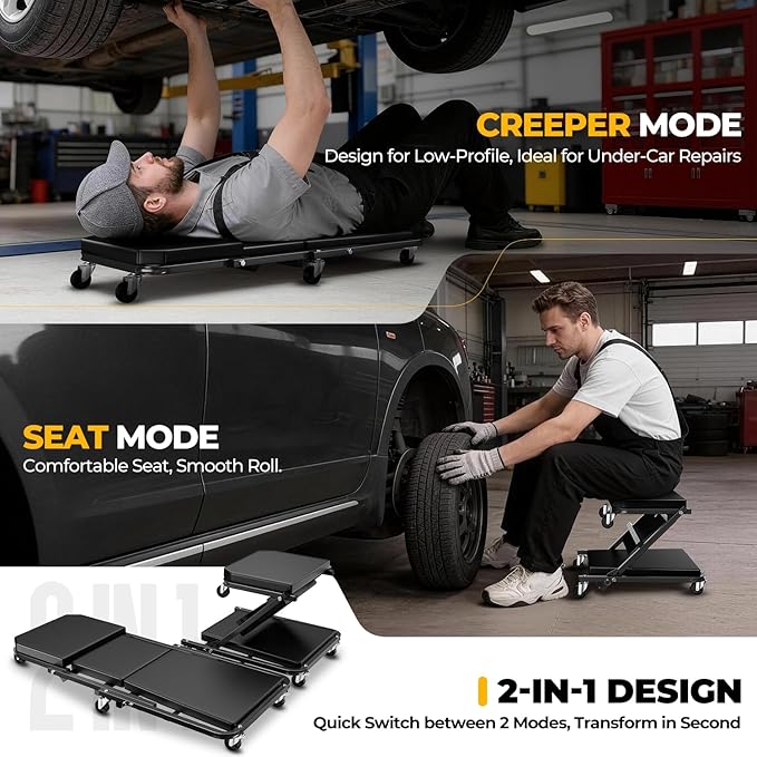 Auto Dynasty 36" Z-Creeper Seat, 2-in-1 Foldable Garage Creeper Shop Seat, 330 LBS Capacity Automotive Mechanic Repair Under Car Rolling Creeper Seat, Black