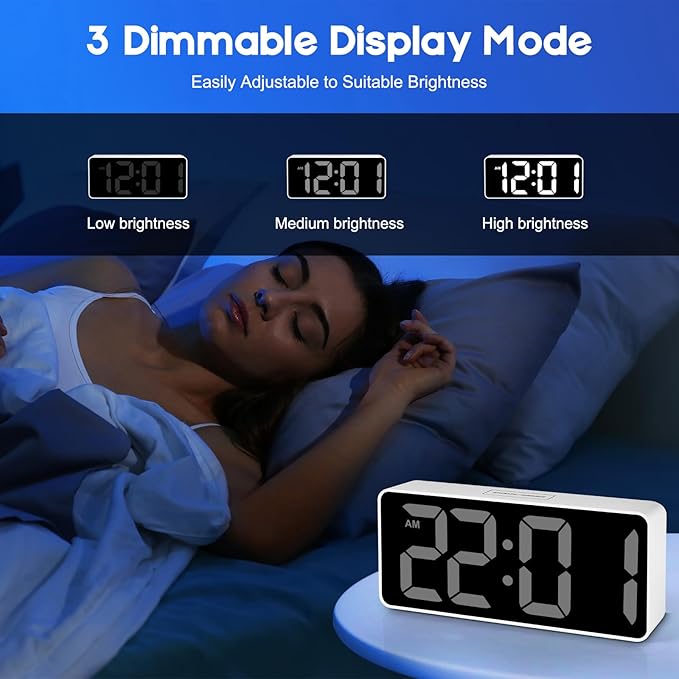 Small Digital Alarm Clock for Bederoom, Large Big Numbers Display with Brightness Dimmer,Dual Alarm, Snooze,12/24Hr,Adjustable Volume Loud Bedside Alarm Clock for Kids Teens Boys Girls (White)