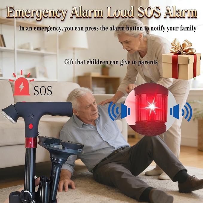 2026 New Smart Walking Cane for Men Women, 3-in-1 Upgrade Smart Walking Canes with Light and Alarm, Foldable Dual Handles, Adjustable Canes for Elderly,Seniors Veterans & Parents