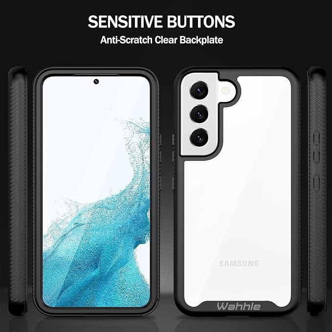 wahhle Compatible with Samsung Galaxy S22 Case, Full-Body Protection Phone Cover with Screen Protector 【Built-in, Touch Sensitive, Anti Scratch】 Upgraded Shockproof TPU Bumper Cases-Black/Clear
