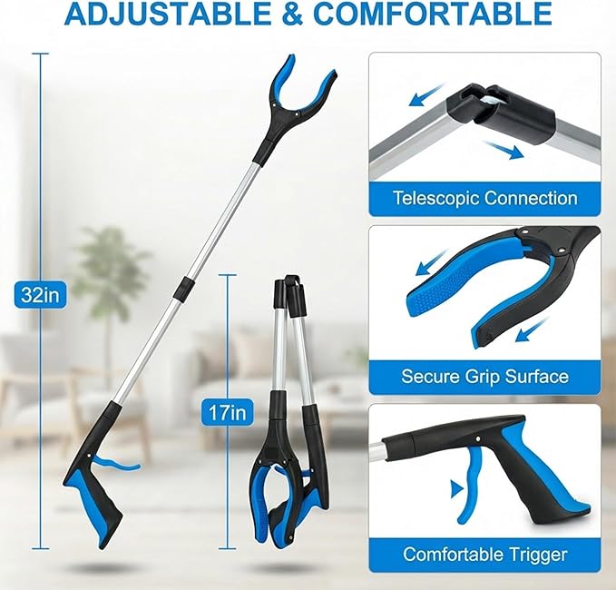 6-Piece Reacher Grabber Set - 32" Foldable Aluminum Pickup Tool with Swivel Claw & Magnet (4 Pack) + 16" Stainless Steel & 12" Iron Mini Grabbers, Heavy Duty Trash Picker & Garden Nabber