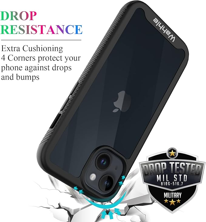 wahhle Compatible with iPhone 13 Case, iPhone 14 Case, Full Body Shockproof Protection Built-in Touch Sensitive Anti-Scratch Screen Protector Soft Edge Slim Cover for 14/13 6.1 Inch, Black/Clear