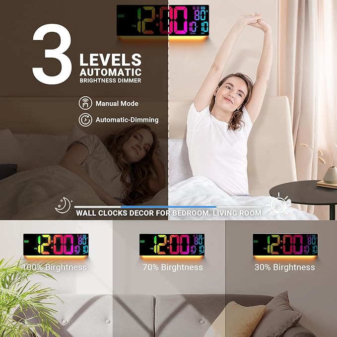16.5" Large Digital Wall Clock: 11 RGB Color LED Display with Remote Control, Auto DST, Temperature & Date, Big Number Wall Clock for Seniors, Classroom, Office, Gym, Home Decor Gray