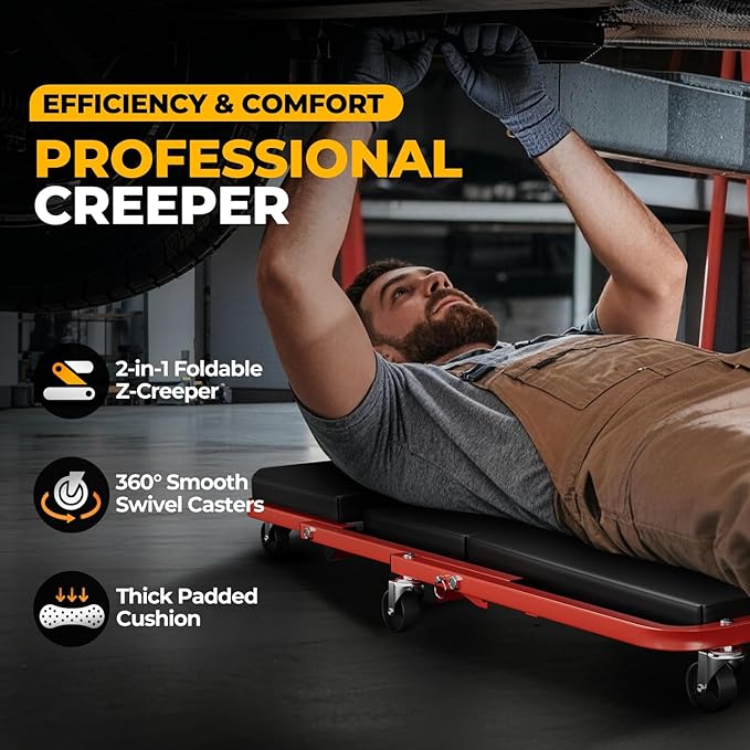 Auto Dynasty 36" Z-Creeper Seat, 2-in-1 Foldable Garage Creeper Shop Seat, 330 LBS Capacity Automotive Mechanic Repair Under Car Rolling Creeper Seat, Red