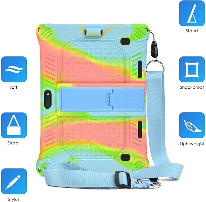 DETUOSI Case for YELLYOUTH 10.1 Tablet, Soft Silicone Lightweight Case Compatible with Dragon Touch Notepad K10, ZONKO 10.1, Beyond Tab 10.1, with Stylus Pen and Shoulder Strap, Orange Pink Blue