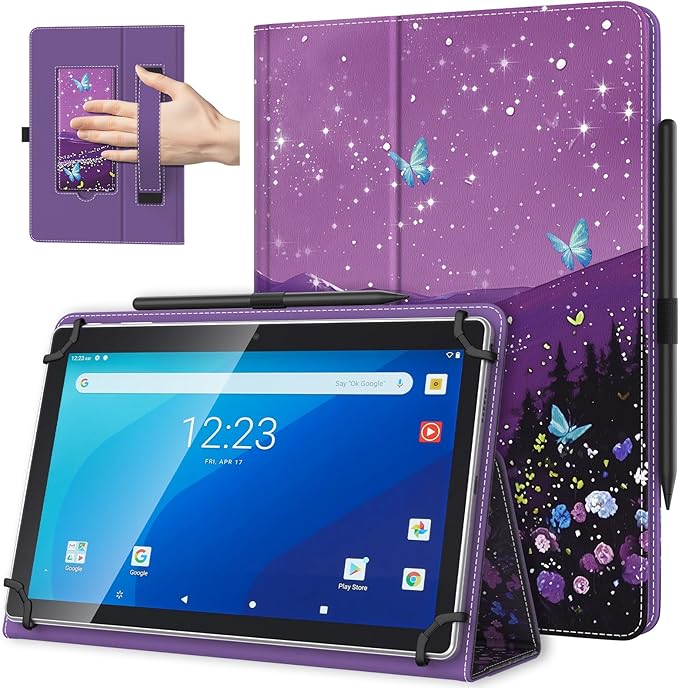 TiMOVO Universal Case for 10.1 Inch Android Tablet with Pen Loop, Lightweight Folding Stand Cover with Hand Strap for All 9.6"-11" Touchscreen Tablet, Butterfly & Starry Sky