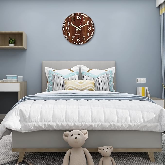Wall Clock 10 Inch Brown Weekly Wall Clock Silent Battery Operated Luminous Hands Retirement Elderly Wooden Glow in The Dark Clock