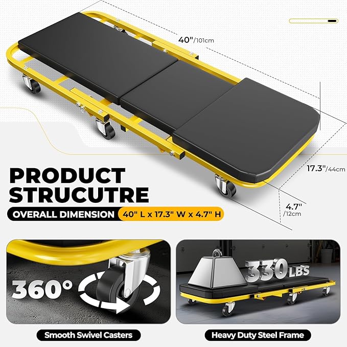 Auto Dynasty 40" Z-Creeper Seat, 2-in-1 Foldable Garage Creeper Shop Seat, 330 LBS Capacity Automotive Mechanic Repair Under Car Rolling Creeper Seat, Yellow