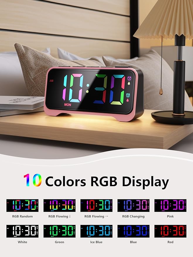 Mesqool Pink Digital Alarm Clock for Girls & Teens – Super Loud Alarm for Heavy Sleepers, RGB Display, Dual Alarm with Snooze, USB Charger, Night Light, Battery Backup, Plug-in Powered