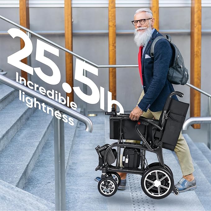 25.5lbs Carbon Fiber Electric Wheelchair for Adults, Lightweight Foldable Travel Power Wheelchair, Portable Motorized Wheelchairs, Airline Approved, Black