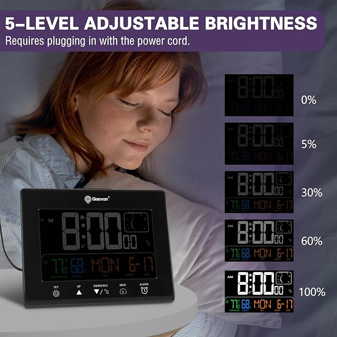 Geevon Digital Atomic Alarm Clocks for Bedrooms with 2 USB Ports, Color VA Display Atomic Clock with Indoor Temperature and Humidity, DST, Calendar, and Moon Phases for Seniors Elderly