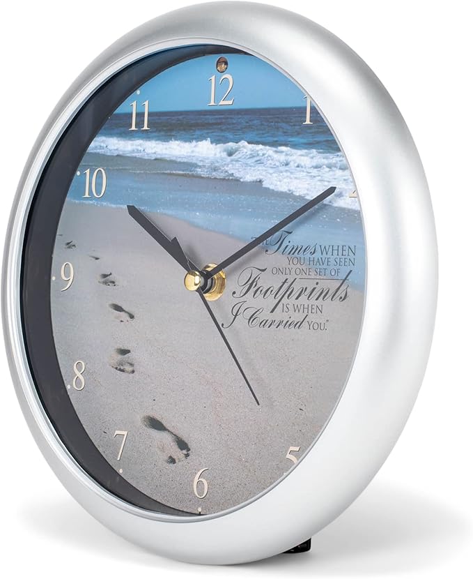 Mark Feldstein & Associates Footprints in The Sand Inspirational Silver Tone 8 inch Three Hymn Sound Clock