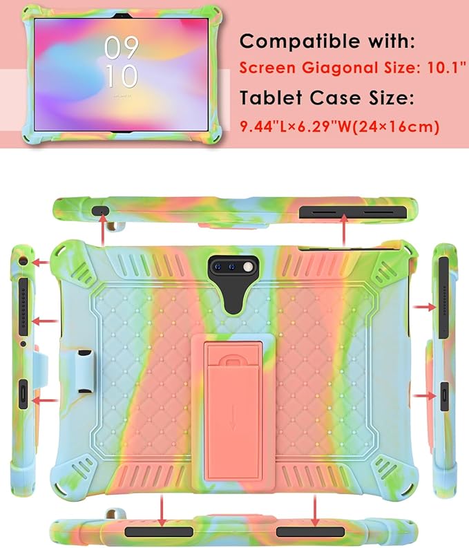 DETUOSI Feonal 10 inch Silicone Case with Shoulder Strap & Stylus Pen, Multi-Angle Stand Tablet Case, Soft Lightweight Cover for Winsing MTK 10 inch Tablet, ANTEMPER Touch, Orange Pink & Blue