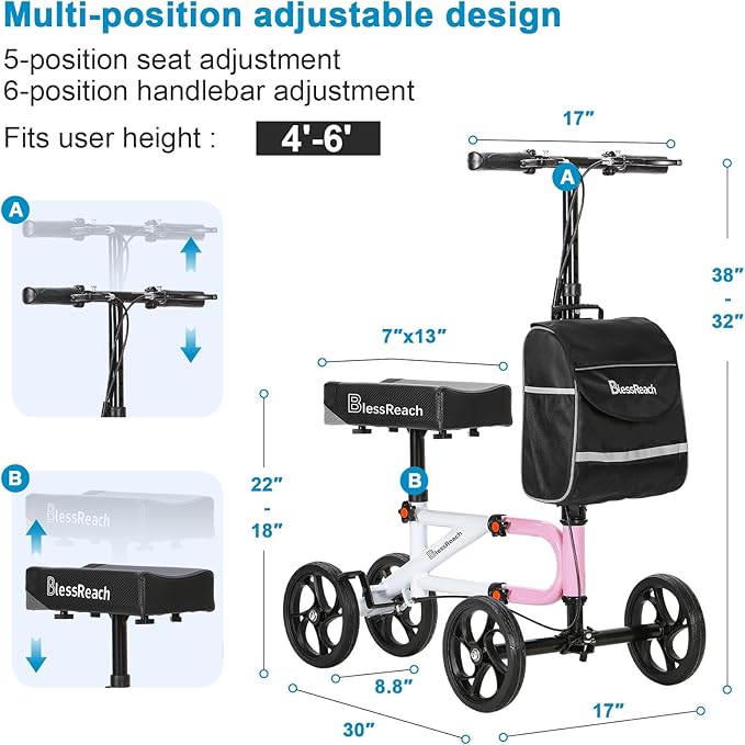 BlessReach Economy Knee Scooter Steerable Knee Walker for Foot Injuries Compact Crutch Alternative with Dual Braking System (Pink)