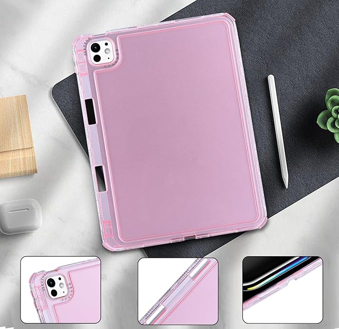 Dteck for iPad Pro/Air 13" (M5/M4/M3/M2), Pro 12.9" (6th/5th/4th/3rd Gen) Clear Case with Pencil Holder/Screen Protector Film/Stylus, 3 Layers Protective Lightweight Slim Transparent Back Cover, Pink