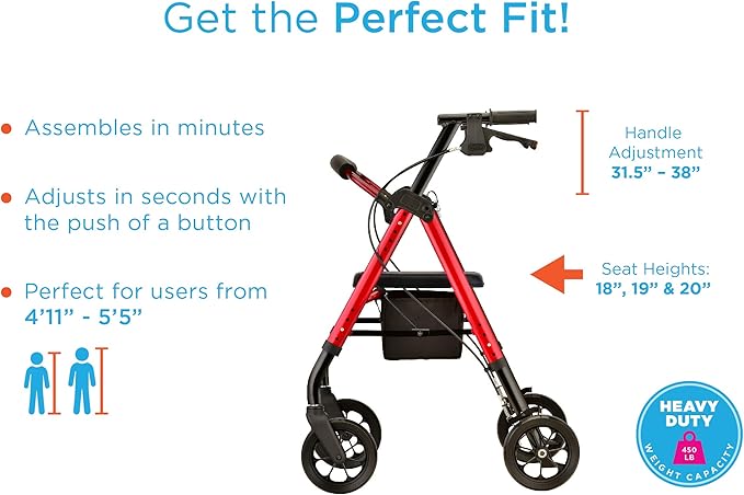 NOVA Star 8 Petite Heavy Duty Bariatric Rollator Walker, Large Padded Seat, 450lb Capacity, 8” Rugged All-Terrain Wheels, Easy-Grip Locking Hand Brakes, Fold Lock, Height Adjustable, Red