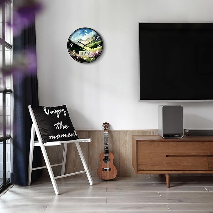 14'' Silent Non-Ticking Rustic Mountain Wildflowers Wall Clock, Battery Operated Analog with LCD Date Day Temp Display, for Living Room Bedroom Farmhouse Cottage Cabin Decor