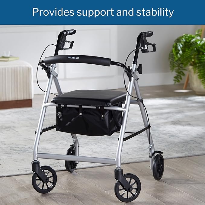 McKesson Rollator Walker with Seat and Wheels, Lightweight, Aluminum, 300 lbs Weight Capacity, Silver, 1 Count