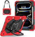 Dteck for iPad Pro 11 inch (M4/M5) 2024/2025 Release Shockproof Case with Shoulder Strap/Pencil Holder/Rotating Kickstand Handle, Heavy-Duty Sturdy Rugged Cover, Protective Tablet Shell, Black Red