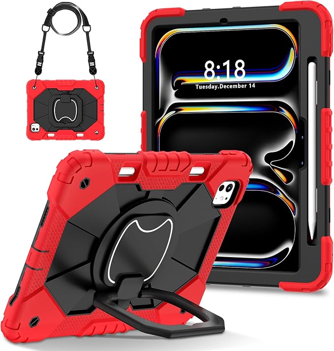 Dteck for iPad Pro 11 inch (M4/M5) 2024/2025 Release Shockproof Case with Shoulder Strap/Pencil Holder/Rotating Kickstand Handle, Heavy-Duty Sturdy Rugged Cover, Protective Tablet Shell, Black Red