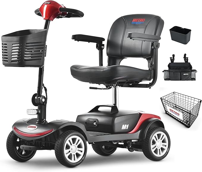 Metro Mobility Scooters with seat for Adults, Seniors, Travel, 4-Wheel Electric Powered Motorized Scooter, 2 Removable Batteries，w/Charge & Light-M1 Red