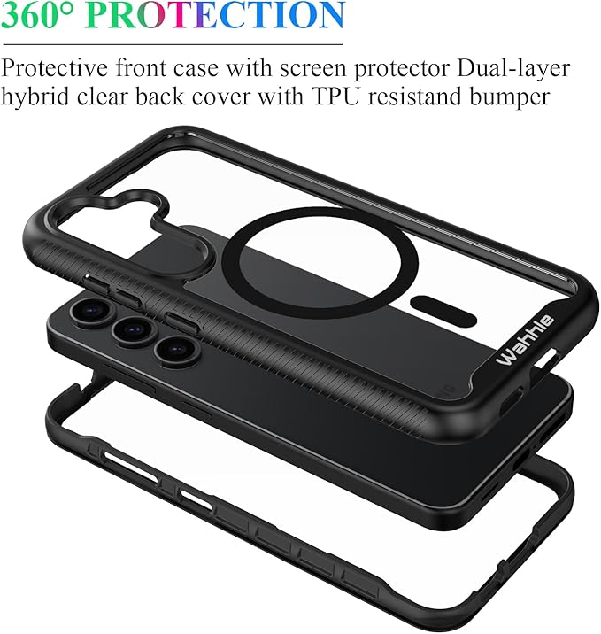 wahhle Compatible with Samsung Galaxy S24 Case, Magnetic Wireless Charging Built in Screen Protector Full Body Shockproof Slim Fit Bumper Protective Phone Cover for S24 5G 6.1'' -Black/Clear