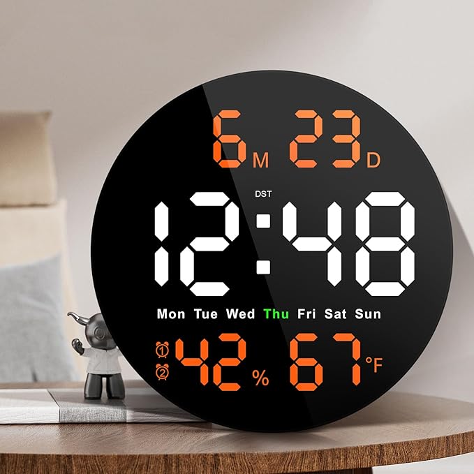 Large Digital Clock for Classroom, Digital Classroom Clocks for Teachers, 10" Round LED Clock with Large Display，Date, Countdown Timer, Remote Control, Temperature, Electric (Orange)