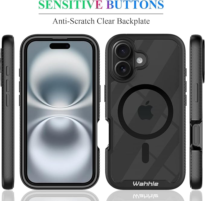 wahhle Compatible with iPhone 16 Case, Magnetic Built in Screen Protector Full Body Shockproof Slim Fit Bumper Protective Phone Cover 6.1'' Men Women-Black/Clear