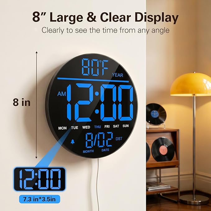 JALL 8" Large Digital Wall Clock with LED Display, Wall Clock with Temperature, Auto DST, Alarm Countdown Timer, 5 Brightness for Office, Bedroom, Living Room, Gym, Classroom Décor, Xmas Birthday Gift