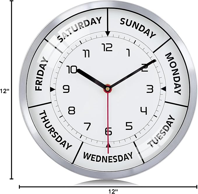 Lafocuse Silent Day of The Week Clocks for Mother, Retirement Clock for Seniors with Silver Metal Frame, Day Clock for Living Room Decor 12 Inch