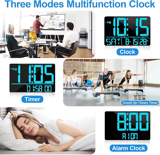 PERSUPER 13" Digital Wall Clock Large Display with Remote, 25 Ringtones, Temperature, Calendar, 0-100% Auto or Custom Brightness, 12/24H, DST, Timer, for Living Room, Kitchen, Bedroom, Elderly（Blue）