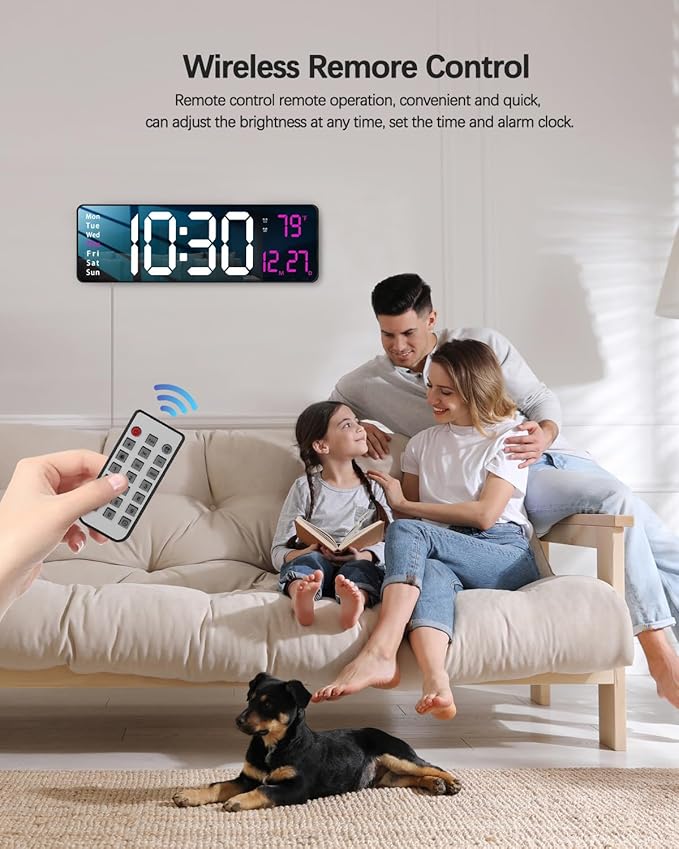 JoFomp Modern 16" Large Digital Wall Clock with Remote Control, LED Display, Auto-Dimming, Countdown, Temperature, Calendar - 12/24Hr Format - Silent Wall Clock for Home, Office, or Gym Use (Pink)