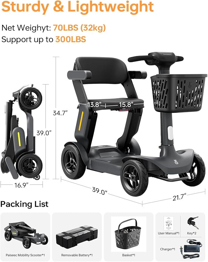 Paiseec S3 Mobility Scooter, Folding Mobility Scooters for Seniors, All Terrain Mobility Scooter, Electric Mobility Scooters for Adults, Folding Mobile Scooter, Auto Speed Control (Gray, S3-40 Miles)