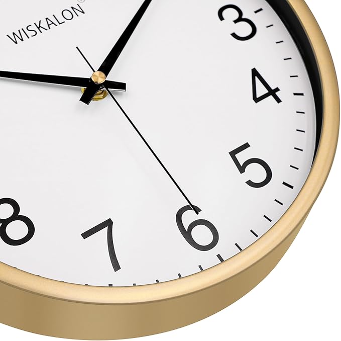WISKALON 10 inch Wall Clock,Silent Non-Ticking Elegant Golden Frame Clock,Classic Digital Wall Clocks with Glass,Battery Operated Round Wall Clock,Easy to Read Home/Office/School Golden Clock