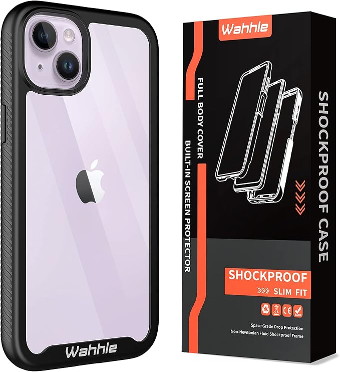 wahhle Compatible with iPhone 14 Plus Case, Full-Body Phone Cover with Screen Protector Shockproof TPU Bumper Case 6.7 Inches-Black Clear