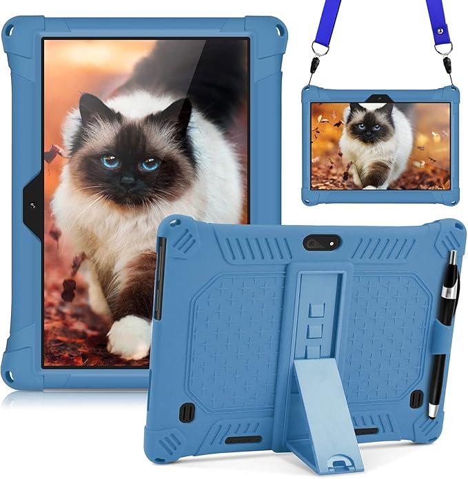 DETUOSI Case for YELLYOUTH 10.1 Tablet, Soft Silicone Lightweight Case Compatible with Dragon Touch Notepad K10, ZONKO 10.1, Beyond Tab 10.1, with Stylus Pen and Shoulder Strap, Dark Blue