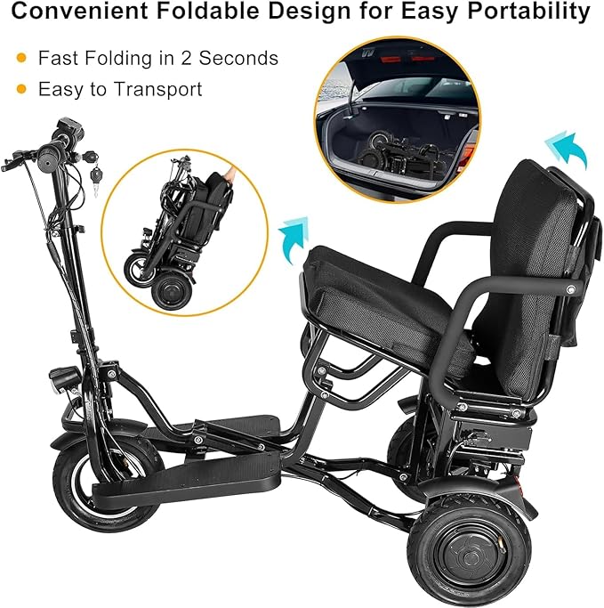 3-Wheel Foldable Mobility Scooter for Adults and Seniors, 300 lbs Capacity, Long-Range Lithium Battery, Lightweight with Basket