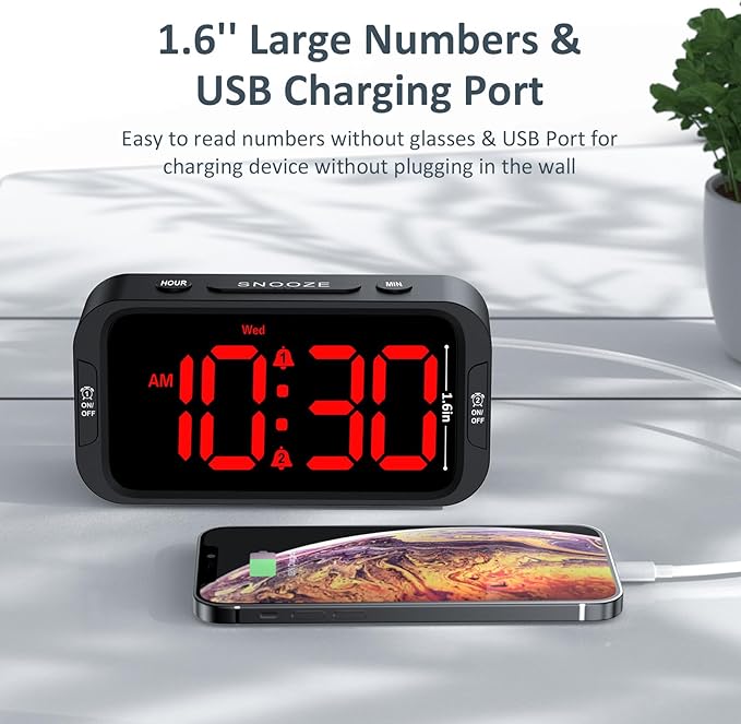 Odokee Digital Dual Alarm Clock for Bedroom, Easy to Set, 0-100% Dimmer, USB Charger, 5 Sounds Adjustable Volume, Weekday/Weekend Mode, Snooze, 12/24Hr, Battery Backup, Compact Clock for Bedside(Red)