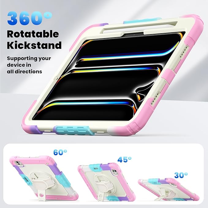 Dteck for iPad Pro 11 inch (M4/M5) 2024/2025 Shockproof Case with Screen Protector/Stylus Pencil Holder/Rotating Kickstand/Grip Hand Strap, Heavy Duty Protective Rugged Tablet Cover, Colorful Pink