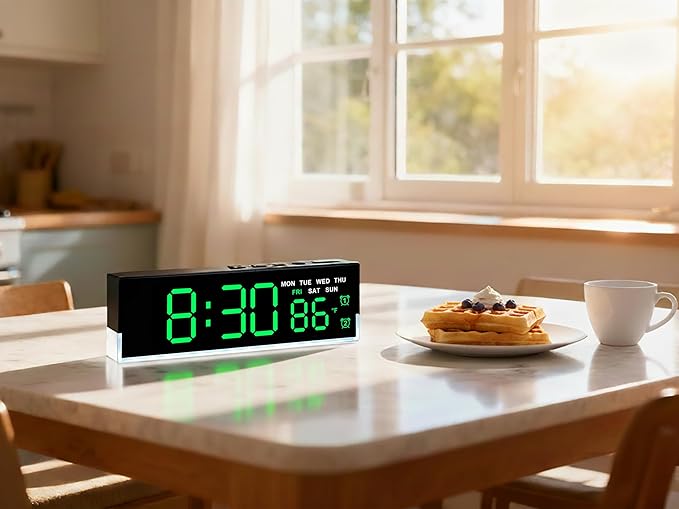 JENLYSTIME 7 Inch LED Digital Alarm Clock with Dual Alarms & Bottom Glow｜Displays Time, Date, Day, Temperature ｜3-Level Auto/Manual Brightness, DST, USB or Battery Powered Modern Desk Clock (Green)