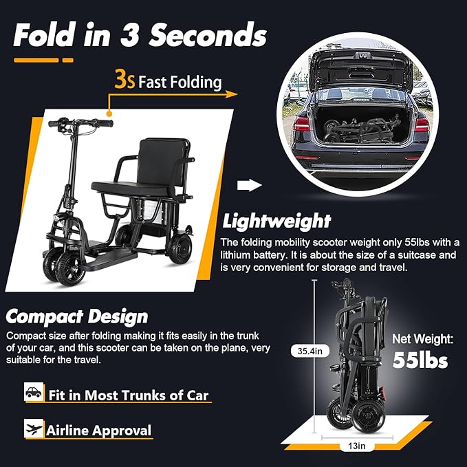2025 New 20Miles Autopilot 1+3 Gear Speed -9.32mph Lightweight Mobility Scooters Foldable Support 300lbs, 4 Wheel Travel Powered Mobility Scooters for Adults Airline Approved