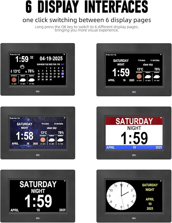 Digital Alarm Clock, Multiple Alarm Functions, Clock with Date and Day, Digital Alarm and Electronic Calendar for Seniors (White, 7 inch) (7-inch Black WiFi)