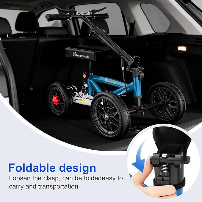 BlessReach Knee Scooter, All Terrain Foldable Knee Scooter Walker, Disc Brake Knee Walker for Foot Injuries Compact Crutches Alternative