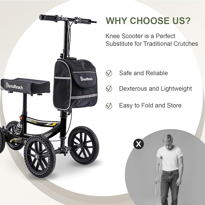 Knee Scooter, 350lbs Capacity, 13" Big PU Seat, Disc Brake Knee Walker, All Terrain Foldable Knee Scooter Walker with Bag for Foot Injuries Compact Crutches Alternative (Black)