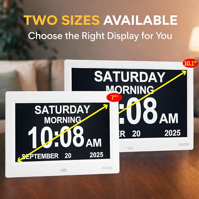 Large Display Digital Dementia Clocks for Seniors, 7'' Day Date Time Calendar Clock for Elderly, Simple Setup, 19 Alarm Reminders, Adjustable Brightness, DST