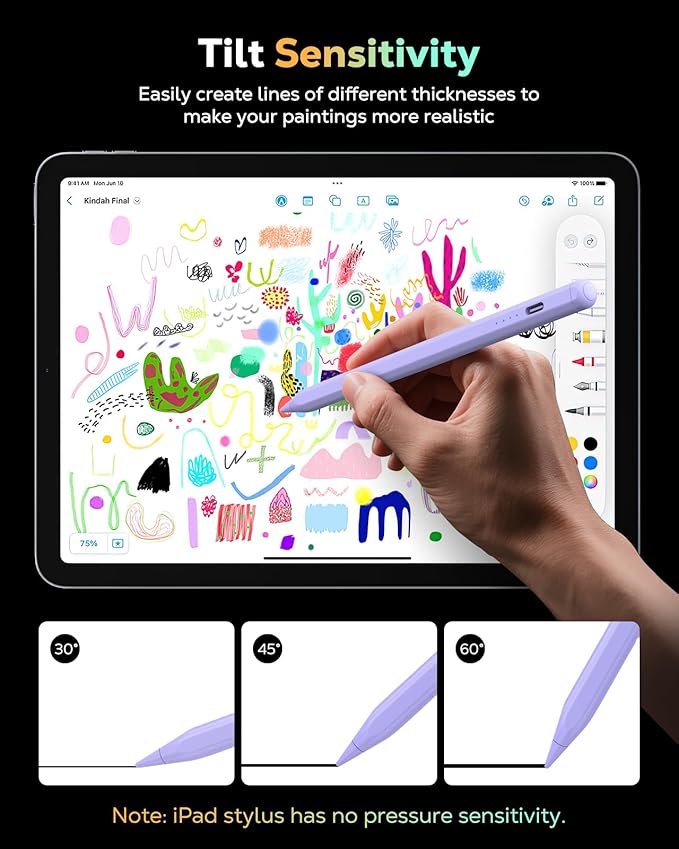 MoKo Pencil for iPad (A16) 11th 10th Gen, Stylus Pen for 2018-2025 Apple iPad 11/10/9/8/7/6/A16, Mini 7/6/5, Air M3/M2 11"/13"/5/4/3, Pro M4 13"/12.9"/11" Tilt Sensitivity, USB-C Fast Charging, Purple