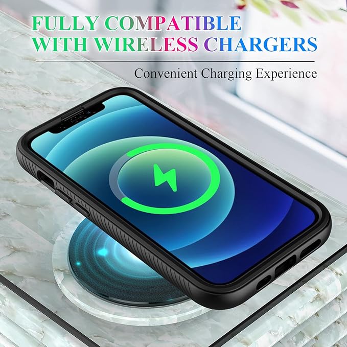 wahhle Compatible with iPhone 12/12 Pro Case, Built in Screen Protector Full Body Shockproof Slim Fit Bumper Protective Phone Cover 6.1'' Men Women-Black/Clear