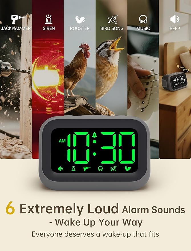 Acedeck Super Loud Alarm Clock for Heavy Sleepers: 115dB Dual Alarms and 6 Alarm Sounds for Bedroom - Large Numbers 5 Dimmers for All Ages Green Digits