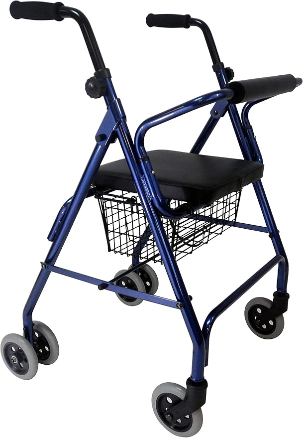 Freedom Lightweight Folding Aluminum Rollator Walker with 5-inch Wheels, Adjustable Seat Height Push Down Brake for Weak Grips with Basket (Midnight Blue)